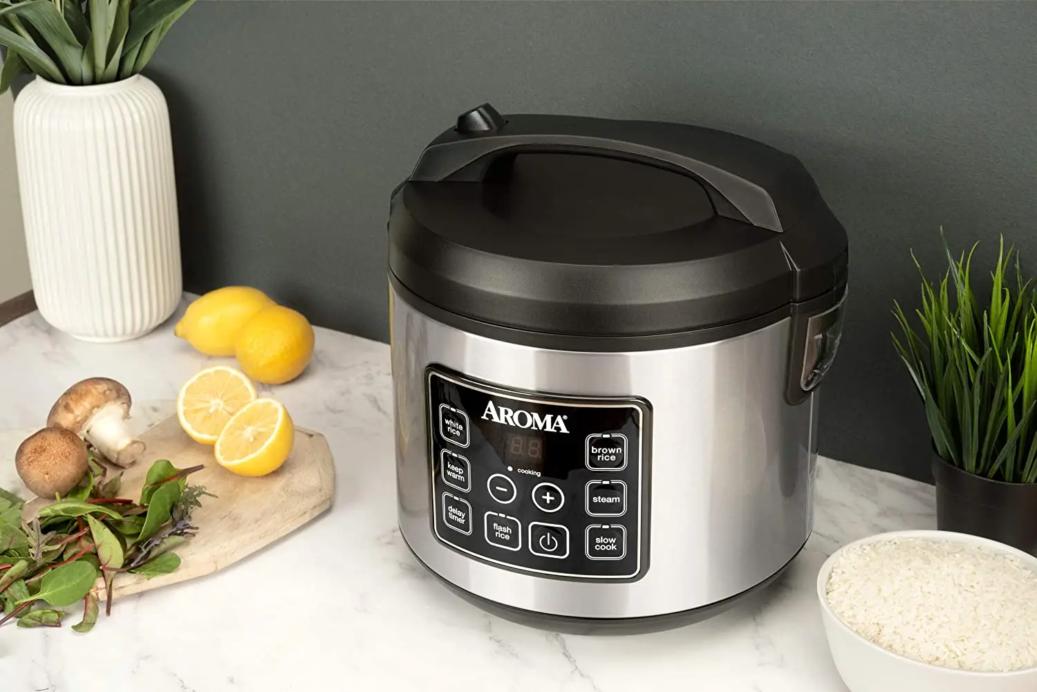 Aroma Housewares 20 Cup Cooked (10 cup uncooked) Digital Rice Cooker, Slow  Cooker, Food Steamer, SS Exterior (ARC-150SB),Black