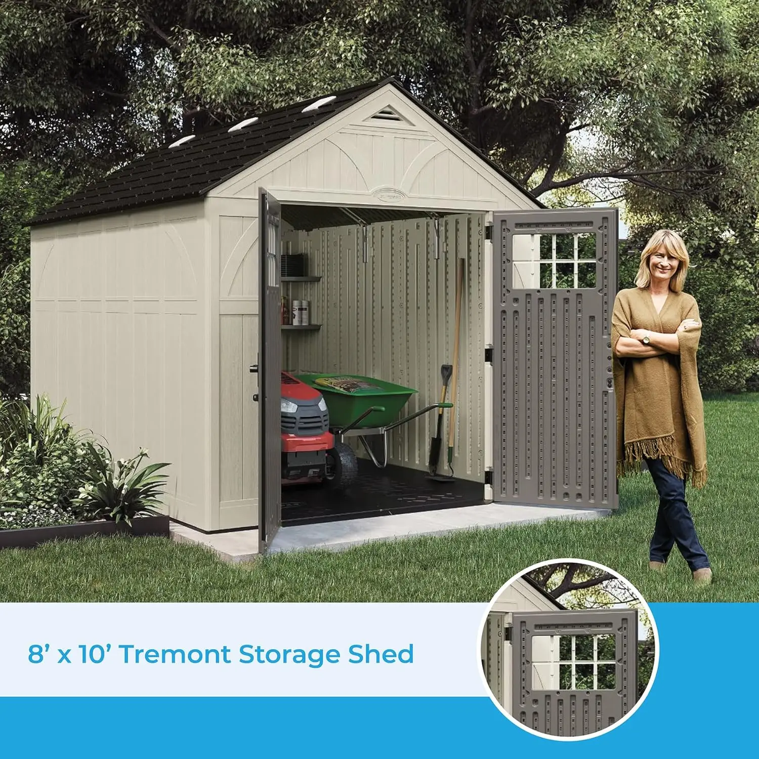 Heavy-Duty Resin Storage Shed Sand 103"D X 100.5"W X 122.25"H Multi-walled Polypropylene Resin Panels with Lockable Doors 3