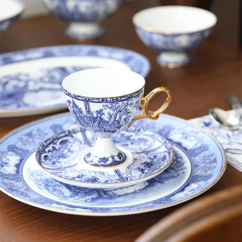 

European Court Blue and White Phnom Penh Bone China Tableware, Fish Plate, Dinner Plate, Soup Pot, Rice Bowl, Teacup Saucer, Hom