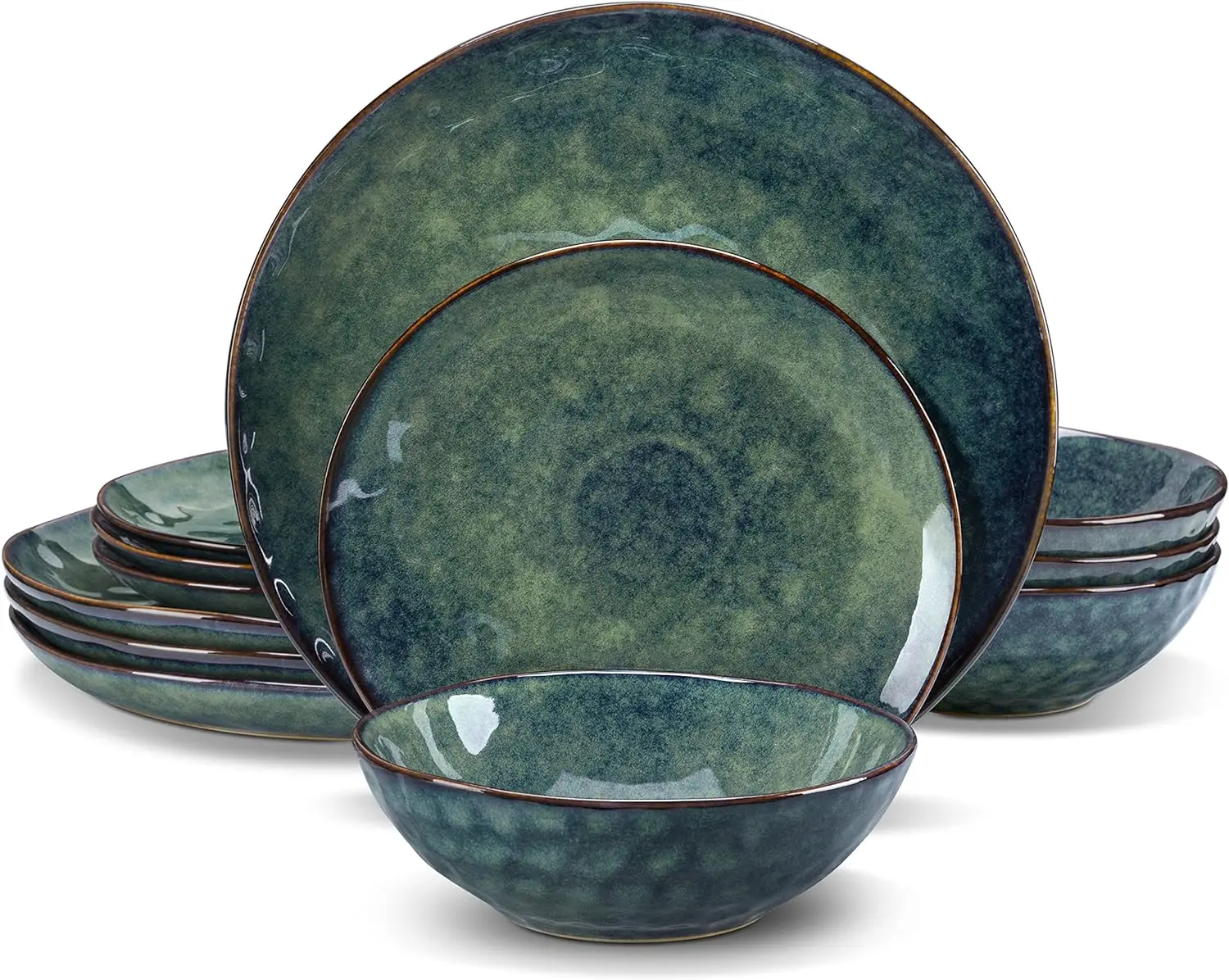 Description Picture 2 of item12 Pieces Green Dinnerware Set, Reactive Change Glaze Dinner Set, Plates and Bowls Set