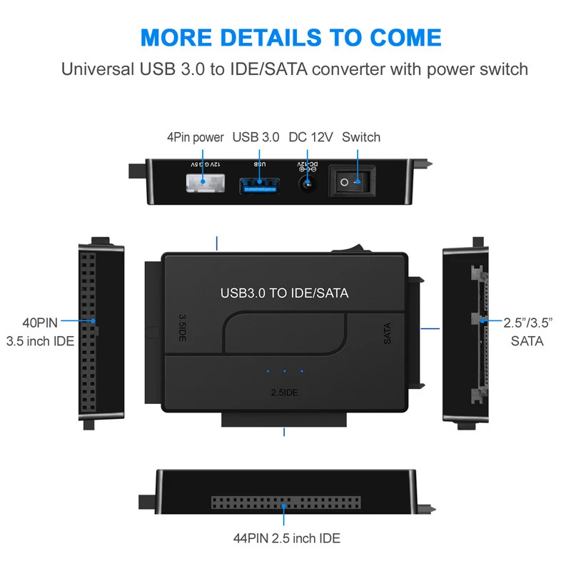 USB 어댑터 지원 플러그 앤 플레이 LED USB 3.0 15.30x11.10x5.20 컴퓨터 액세서리 전송 컨버터, 간단한 USB to Sata/ide