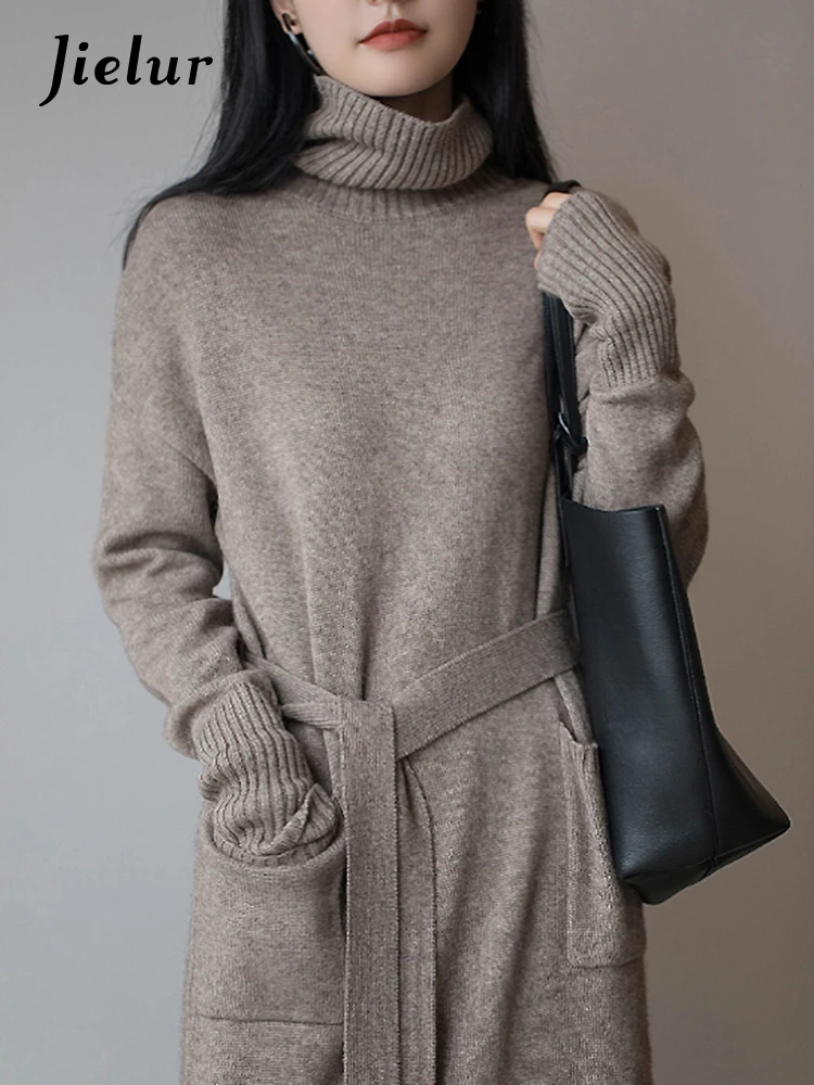 

Женское вязаное платье-свитер Jielur, винтажное свободное плотное зимнее платье-миди с высоким воротником и длинным рукавом, длинные платья оверсайз