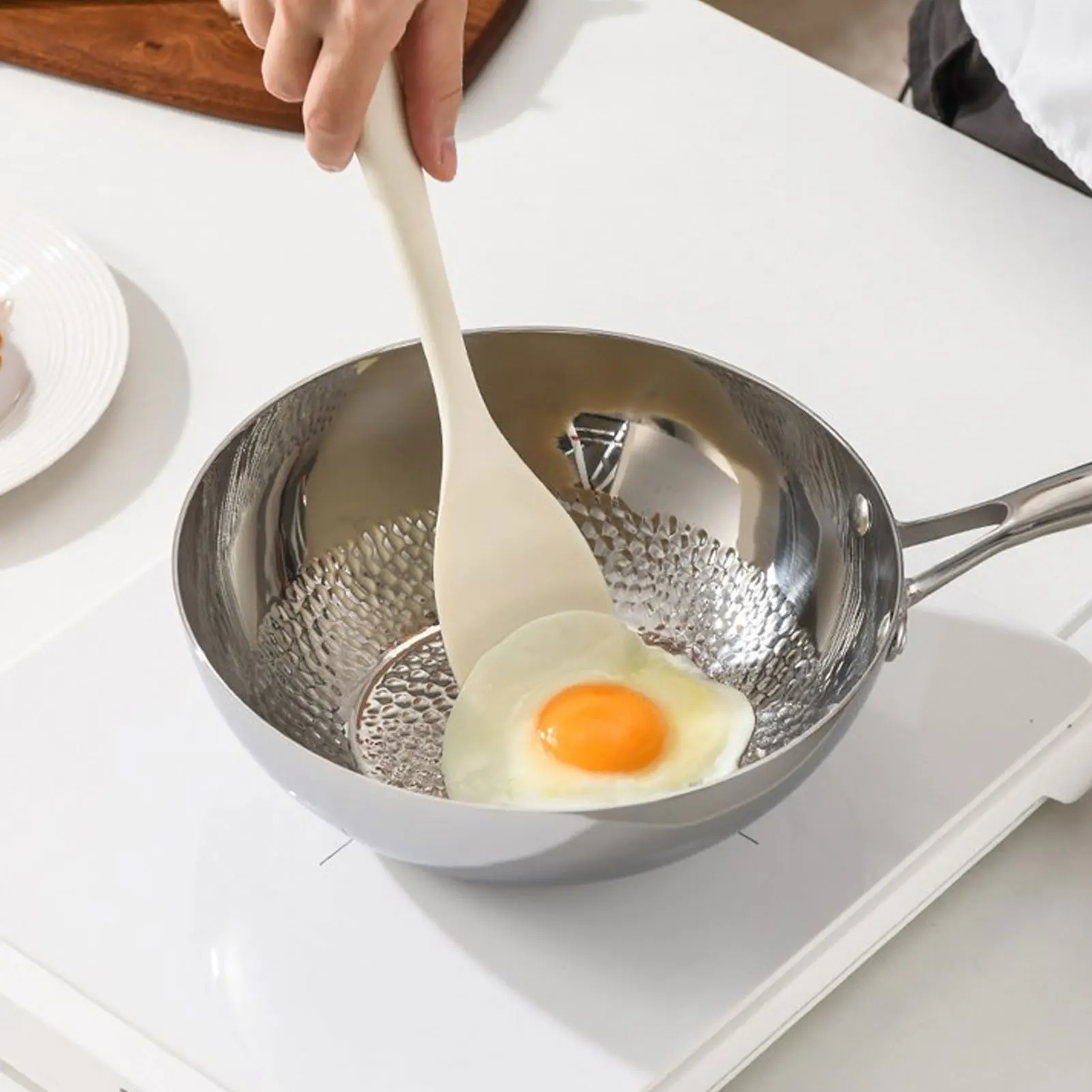 Stir Fry Pan Stainless Steel Frying Pan Healthy Triple Layer Even Heating Prevents Stick Professional Hammer Grain for Kitchen