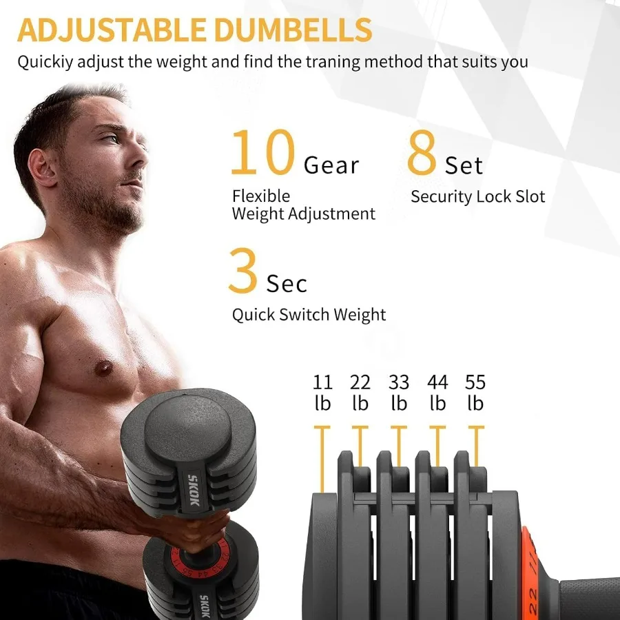 55 lbs Pair Adjustable Dumbbells Set, Adjustable Weights Dumbbells Set for Men and Women with Anti-Slip Fast Adjust Weight by Tu