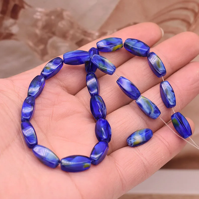 

5.5x13.5mm Blue Stripe Lampwork Glass Beads Rounded Square Shape Loose Beads For Jewelry Making Bracelet