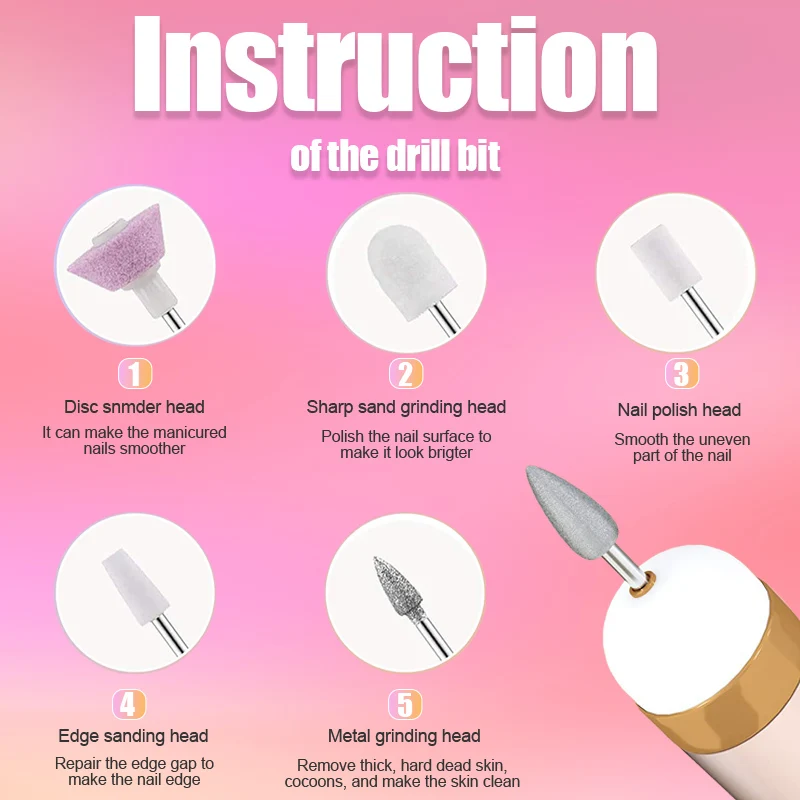 5 in 1 Electric Nail Polish Drill Machine With Light Portable Mini Electric Manicure Art Pen Tools For Gel Remover 5