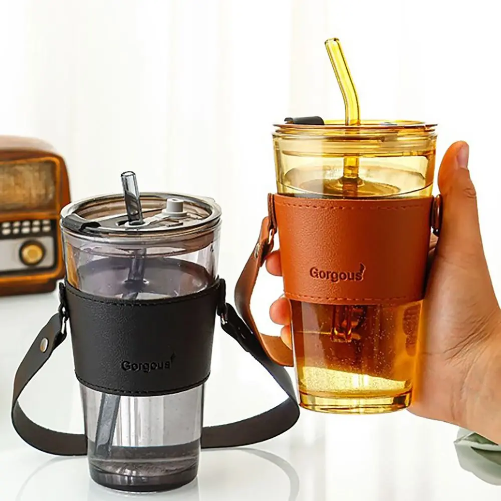 Leather Handle Coffee Cup Portable with Straw 400-500ml Drinking Cup Double Drinking Glass Water Cup School Office