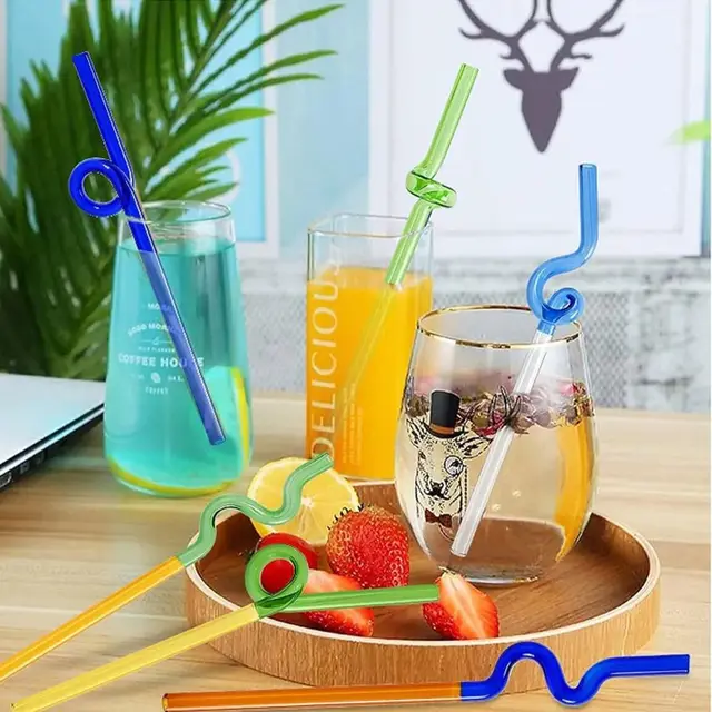 2pcs Colorful Wavy Glass Straw Accessories Reusable Clear