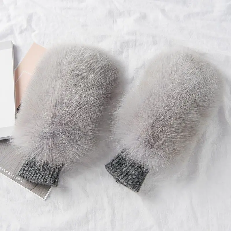 Winter Warm Genuine Fox Fur Covered Gloves Women Fashion Real Fox Fur Glove Outdoor Russia Thick Glove Women Warm