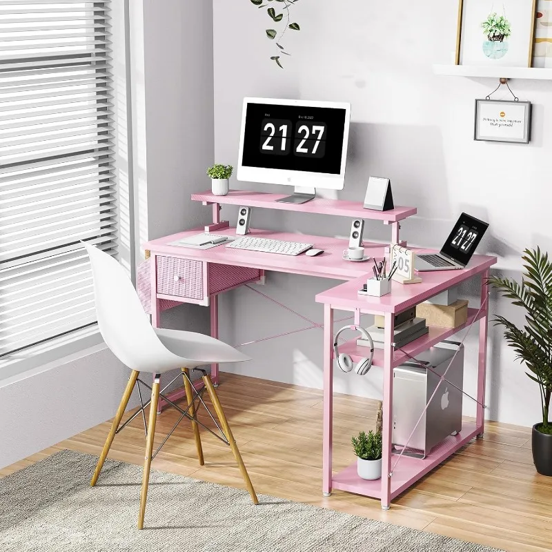 L Shaped Gaming Desk, 47 Inch Computer Desk with Adjustable Stand & RGB Lights, Corner Desk for Power Outlet, Carbon Fibe 5
