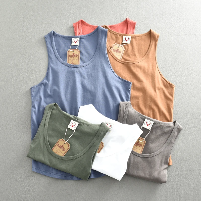 451  여름 신제품 아메리칸 레트로 민소매 o넥 단색 티셔츠 남성 패션 100% 코튼 워시 캐주얼 스포츠 조끼 탑스, 운동복 러닝셔츠