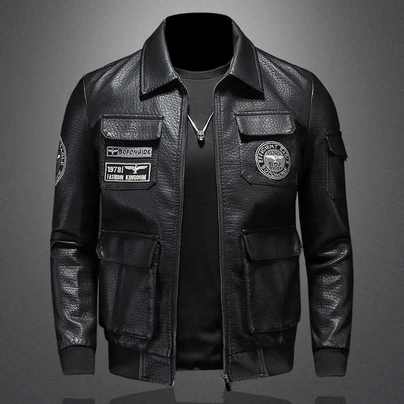 

Fall/Winter New Men's Jacket Printed Lapel PU Leather Jacket with Fleece Warm Slim Leather Coat Fall/Winter 2023