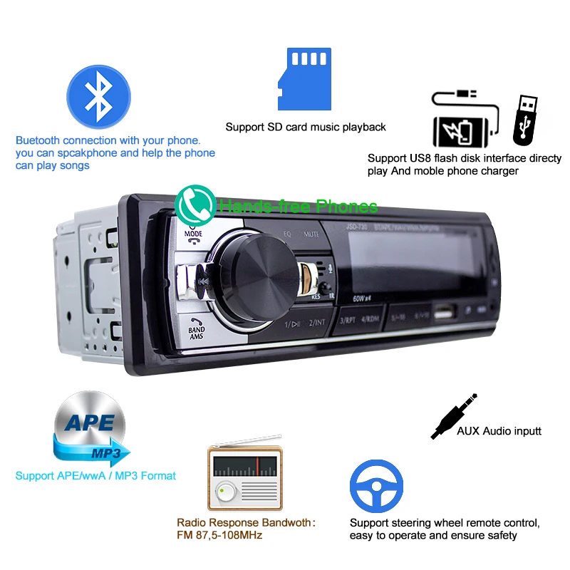 1 DIN 520/730 Car Radio Car audio FM Bluetooth MP3 Audio Player cellphone Handfree USB/SD Stereo In Dash Aux Input