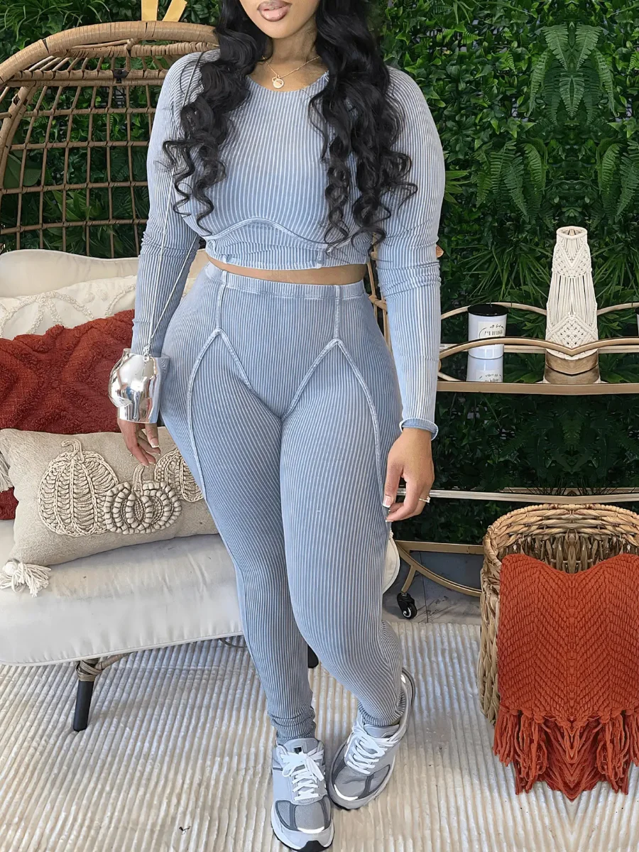 LW Rib Knit Skinny Pants Set Plain Stitch Two Pieces Trousers Suits Long Sleeve Bare Waist Crew Neck Top & High Waist Leggings