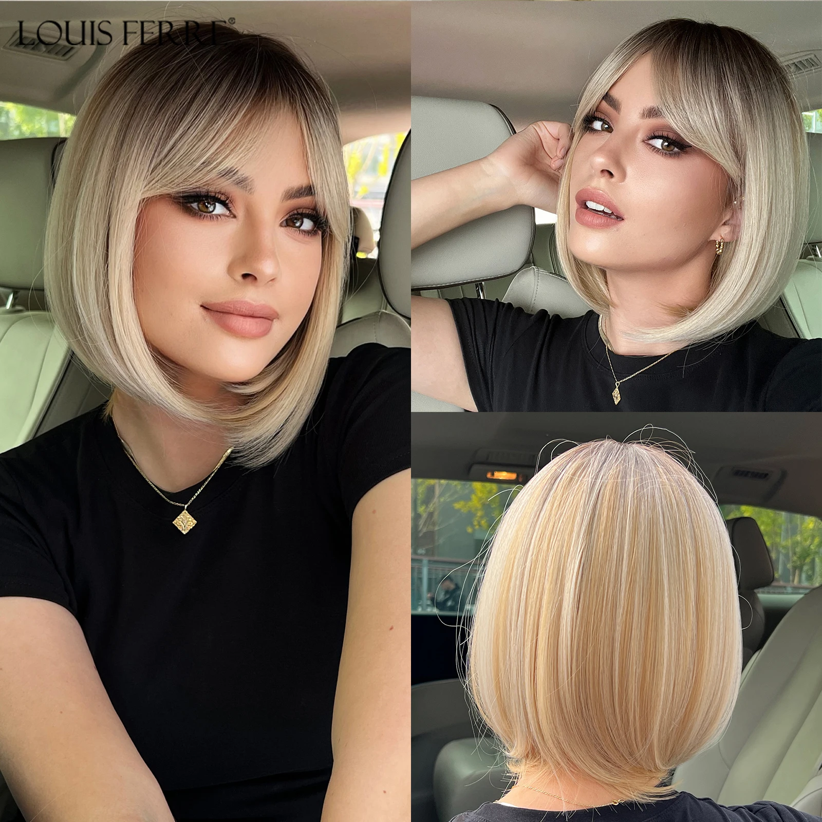 

LOUIS FERRE Dark Brown Blonde Ombre Synthetic Wig Short Straight Bob Wig for Women Natural Hair With Bangs Daily Lolita Fiber