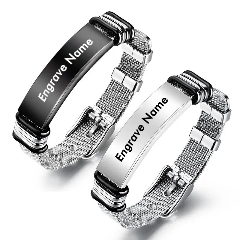 

Engrave Name phrase Black Silver Bracelet Customize Stainless Steel Men Women Bangle Jewelry For family and friends Gifts