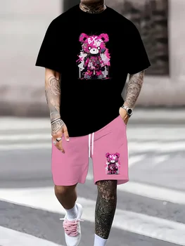 Summer 2025 new 3D bear graphic print fashionable, simple, casual and breathable men's set