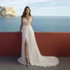 Sexy High Split Boho Chiffon Beach Wedding Dresses Summer V Neck Illusion Back Lace Bride Wedding Gowns Vestidos De Noiva 1