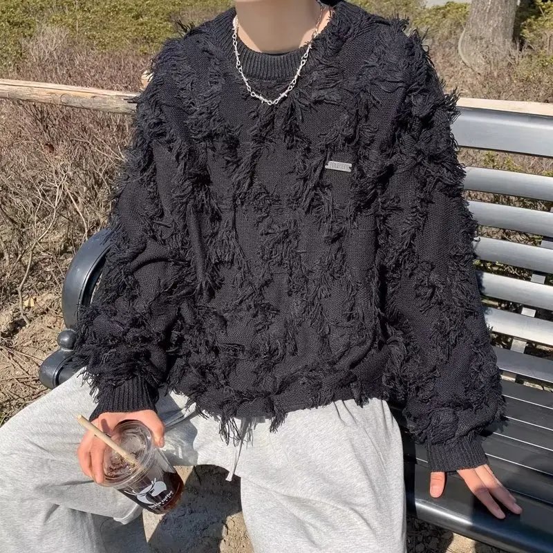Men New Retro Pullover American Trend Personality Tassel Knitted Solid Color Fashion Casual Street Daily Spring and Autumn Tops