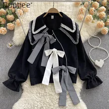 

Black Doll Collar Corduroy Shirt for Women Autumn Winter New Korean Style Loose Blouses Female Long Sleeve Black Bow Top