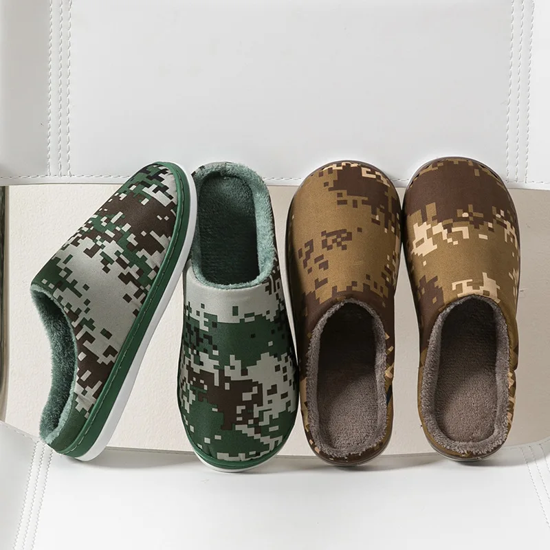 

Autumn Men Cotton Slippers Plus Velvet Warm Winter Home Slippers Camouflage Cloth Home Cotton Shoes Indoor Flat Mute Slippers