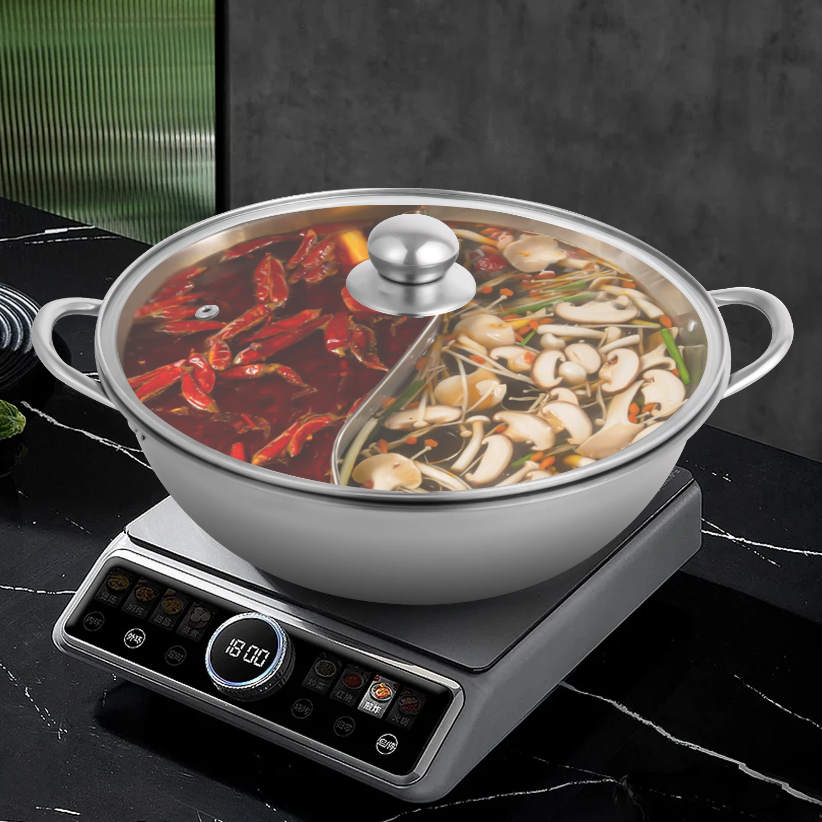 Silberner 28 cm großer Edelstahl-Hot Pot mit doppeltem Geschmack und Deckel, Shabu-Shabu-Topf mit Glasdeckel für Küchen, Restaurants, Häuser – Detail 11