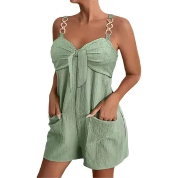 Sexy Jumpsuit Women Summer Fashion Chain Strap Pocket Knotted Metal Suspender Pocket Short Casua Romper Jumpsuit Women Clothing 4