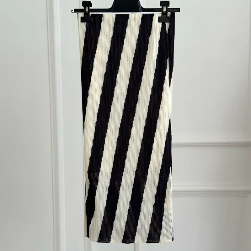 

Women Split High Waist Striped Midi Skirt Elegant Korean Fashion 2023 Summer New In