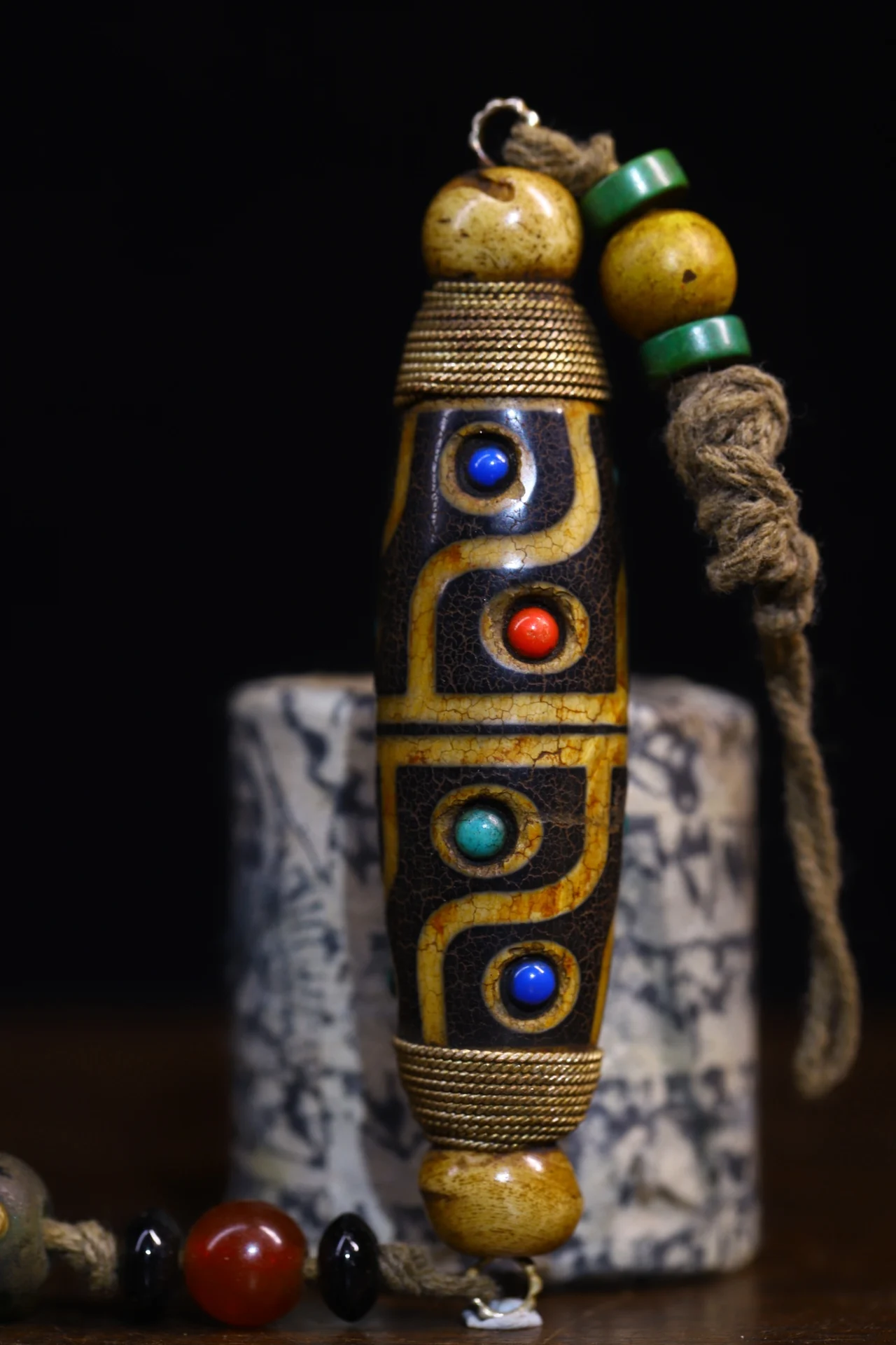 

4" Tibetan Temple Collection Old natural agate mosaic Gem Dzi Beads Amulet pendant Gather fortune Town house Exorcism