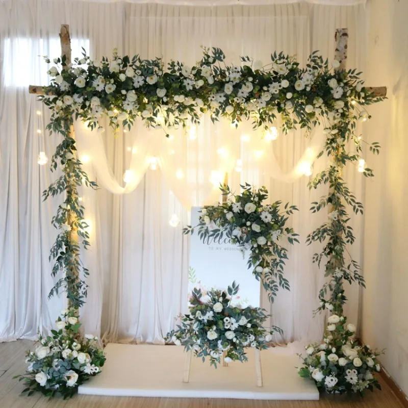 

Customized outdoor wedding simulation white birch arch flower arrangement set hotel stage display window welcome area scenery