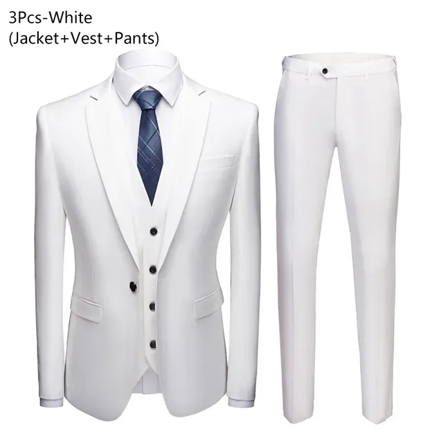 Wedding Suit For Men Set Elegant Blazers Formal 3 Pieces Full Jackets Vest Pants Classic Business Coats 2024 Free Shipping - White 3-piece suit, 3XL (72-77KG)