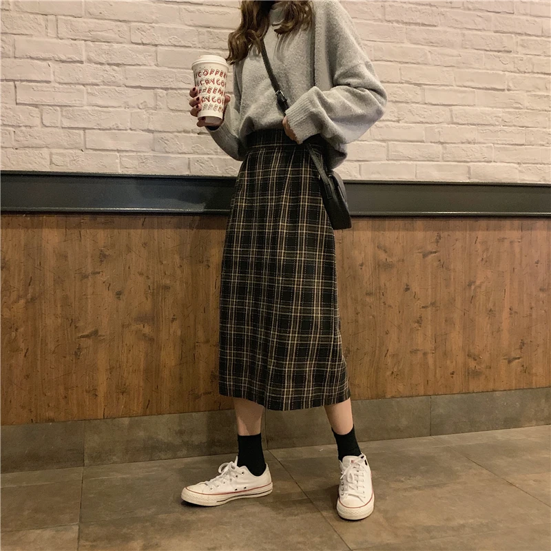 Women High Waist Dark Brown Split Slim Korean Woolen Skirts Elastic Plaid Print Summer Vintage Female Midi Long Skirt Streetwear тактические ботинки армейские берцы lowa zephyr mk2 gtx mid dark brown