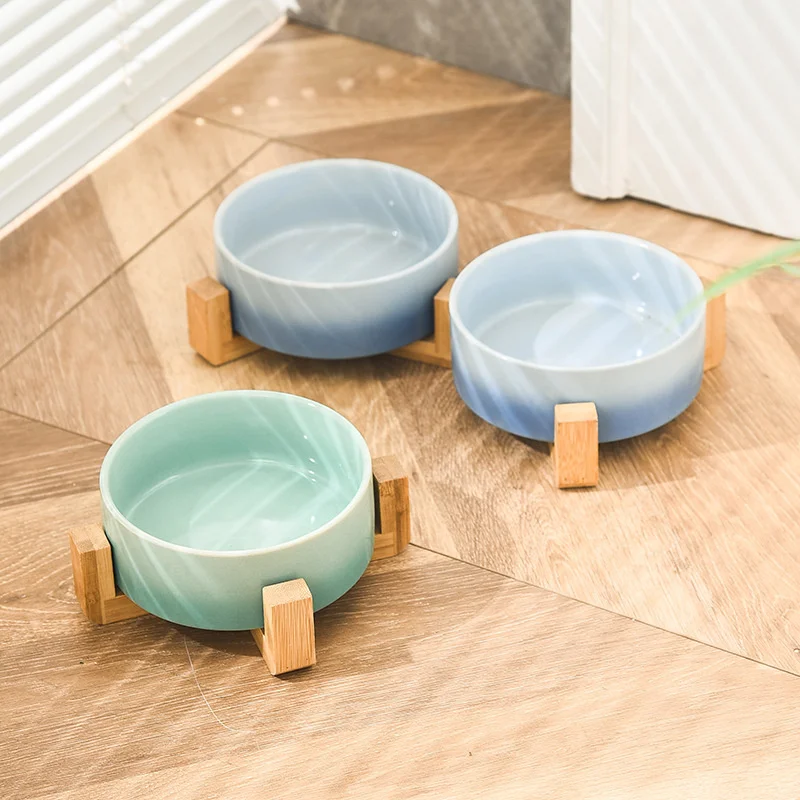 

Pet Ceramic Double Bowl Dish with Wood Stand No Spill Ceramic Pet Bowl for Dog Cat Food Water Feeder Cats Small Dogs Pet Bowl