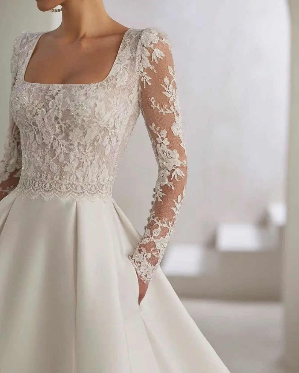 Modest Lace A-line Satin Wedding Dress 2025 Customized Pockets Open Back Long Sleeve Women Princess Brides Wedding Gown 4