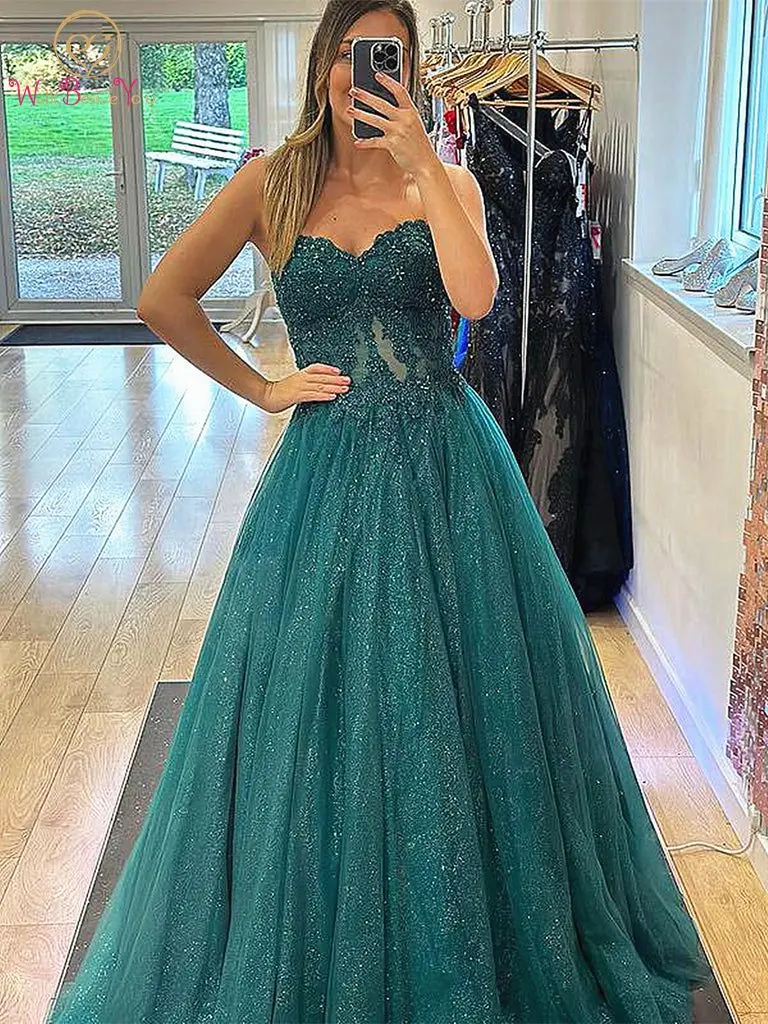 

Dark Green Glitters Prom Dresses Long Floor Length Corset Back Lace Applique Beaded Strapless Sweetheart Evening Party Gowns