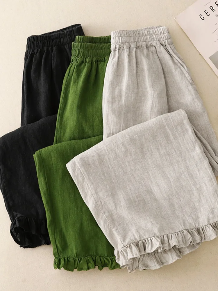 Japanese Sle Artistic Cotton Linen Wide Leg Pants Women Summer Elastic Waist Slimming Casual Straight Nine Points Pants