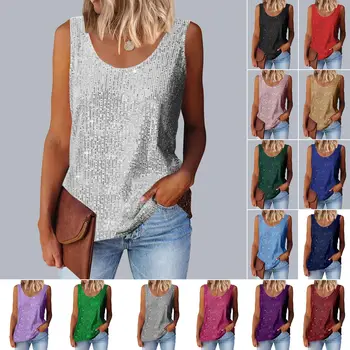 Women Summer Sequins Tank Tops Ladies O-neck Sleeveless Casual Loose Vest Tee Shirts Top 1