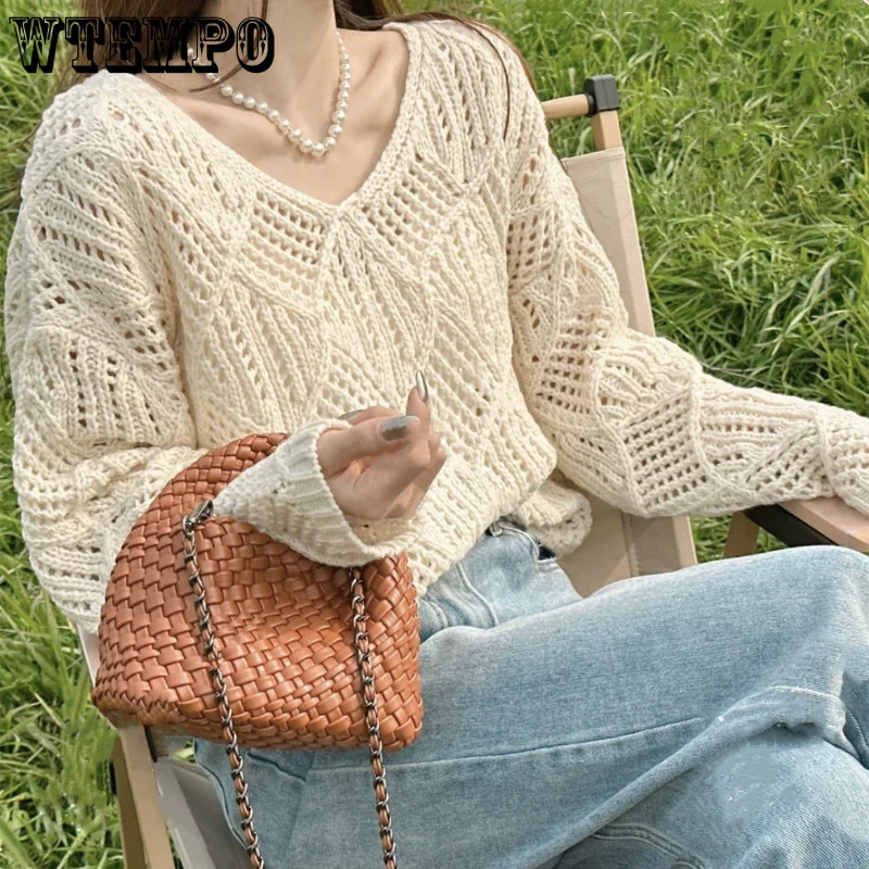 

White Y2K Harajuku Hollow Out Knit Pullovers O Neck Autumn Vintage Color Tops Fashion Vintage Solid Long Sleeve Smock Sweater