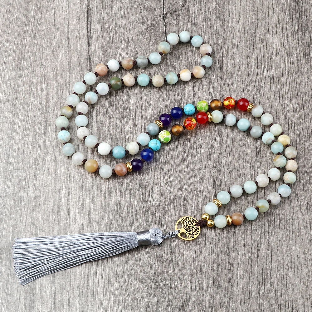 

7 Chakra Amazonite Beaded Necklace Tree of Life Tassel Pendant Men Knotted Natural Stone Necklace Women Yoga Meditation Jewelry