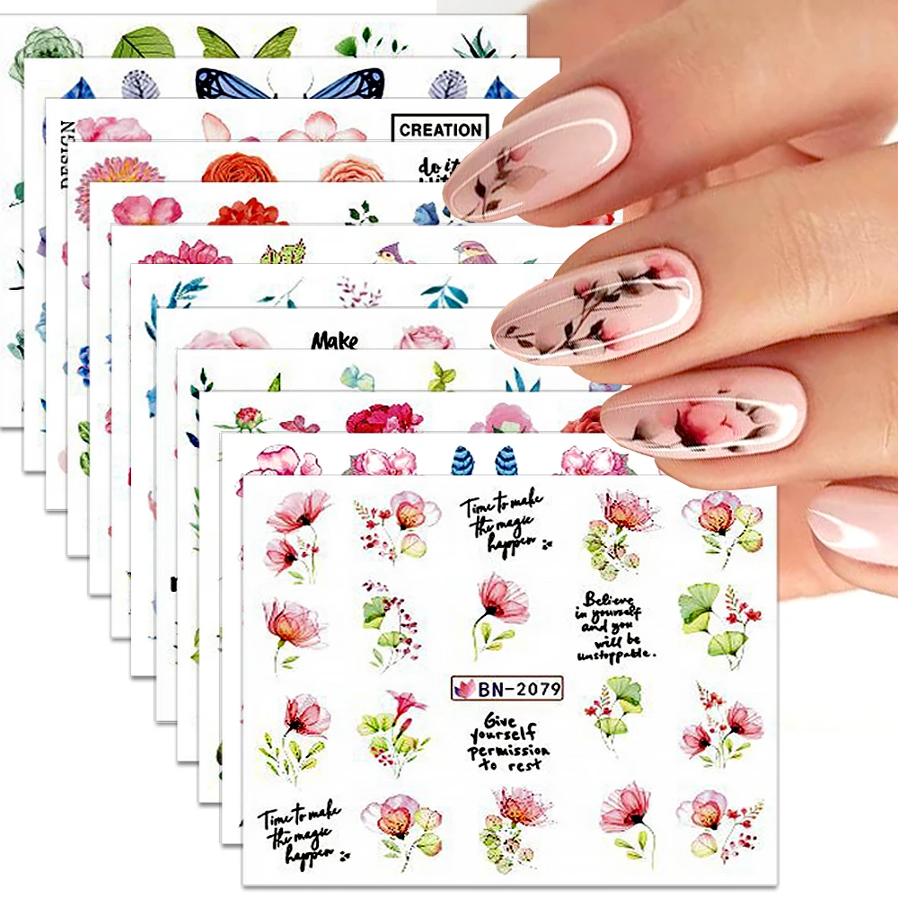 

12pcs Florals Nail Art Stickers Blossom Flowers Nail Sticker Butterfly Water Transfer Decals Decorations Manicure Sliders