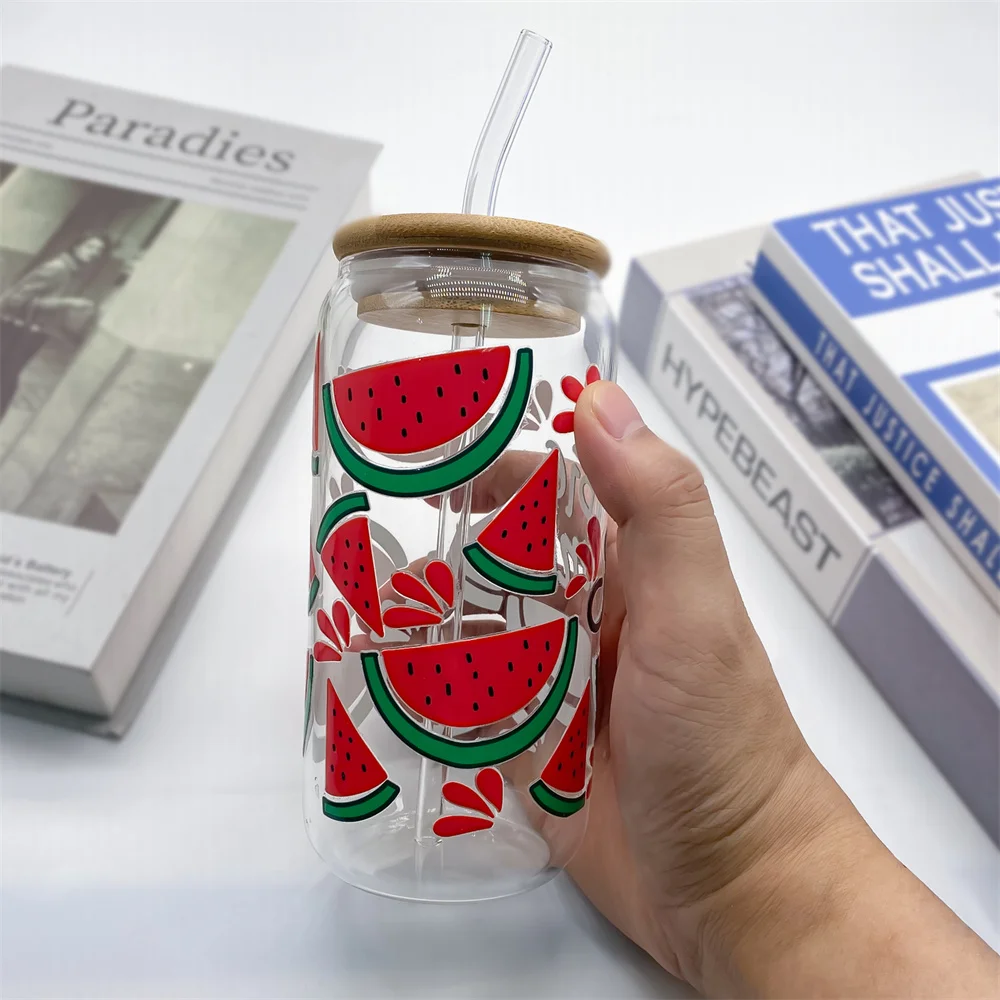 1pc Glass Cup Set With Lid & Straw And sticker 550ml Glass Coffee Cup For Iced Coffee, Tea, Juice, Milk Birthday, Holiday Gift