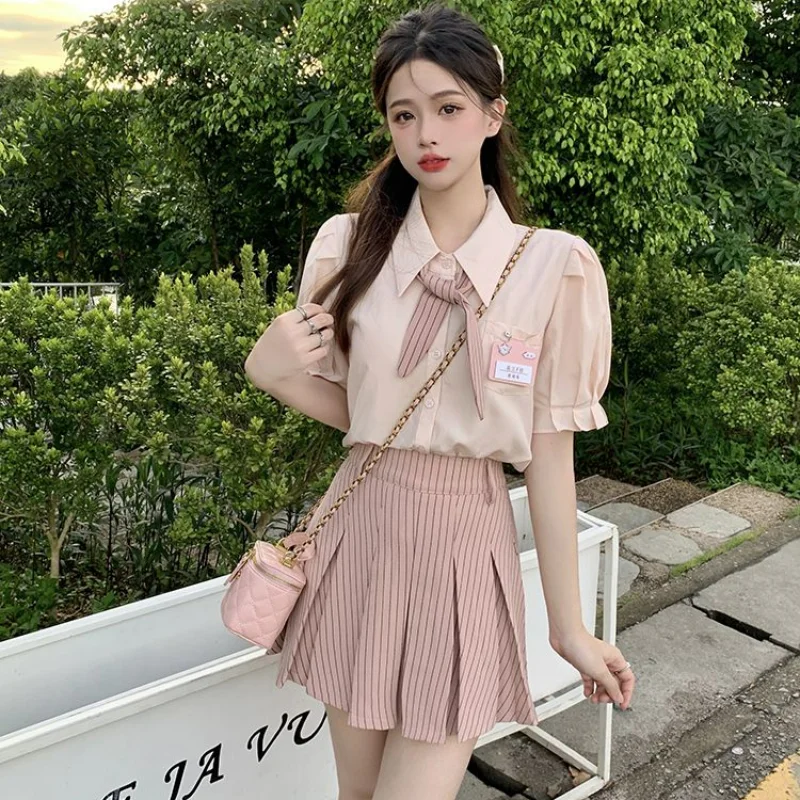 

Summer Womens Sweet Spicy Academy Style Set Pink Bubble Sleeve Shirt+High Waist Pleated Half Skirt Women Dresses Female Vestidos