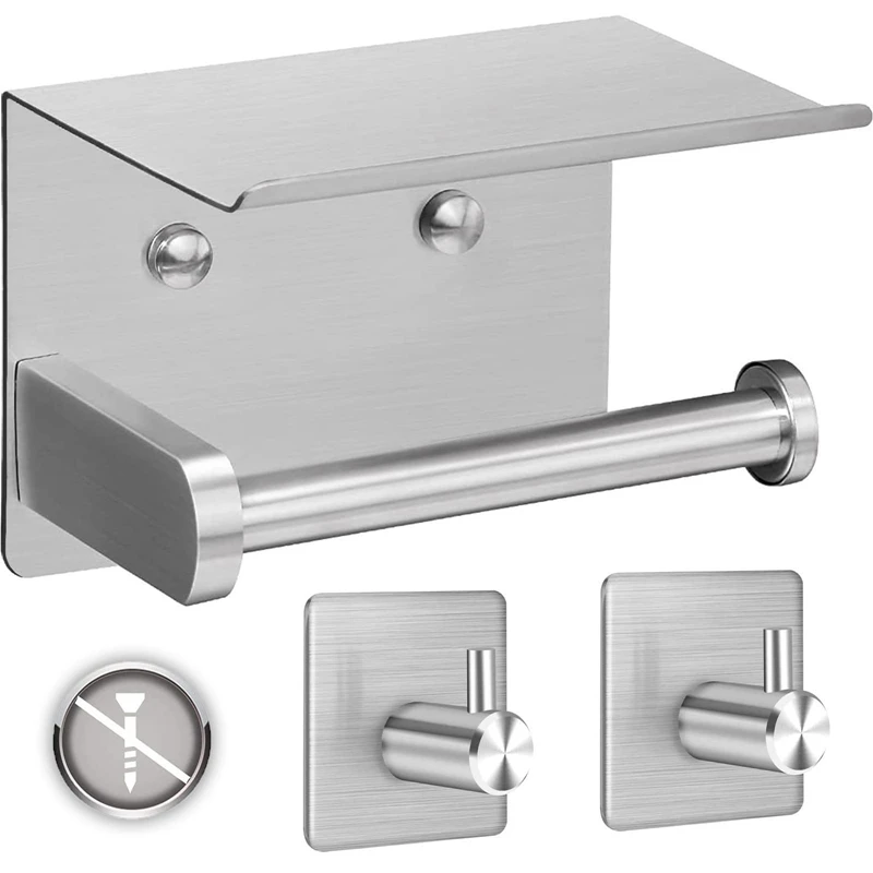 Toilet Paper Holder Without Drilling, Self-Adhesive Toilet Paper Holder With 2 Towel Hooks, Wall Mounting Toilet Holder Toilet Paper Holder Without Drilling, Self-Adhesive Toilet Paper Holder With 2 Towel Hooks, Wall Mounting Toilet Holder