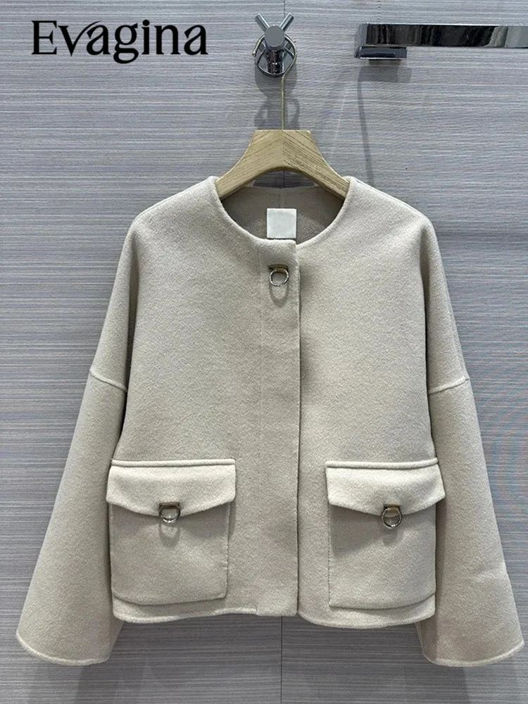 

Evagina Runway Spring Autumn Vintage Black Color Blends Coat Women's Long Sleeve Covered Button Pockets Straight Blends Coat