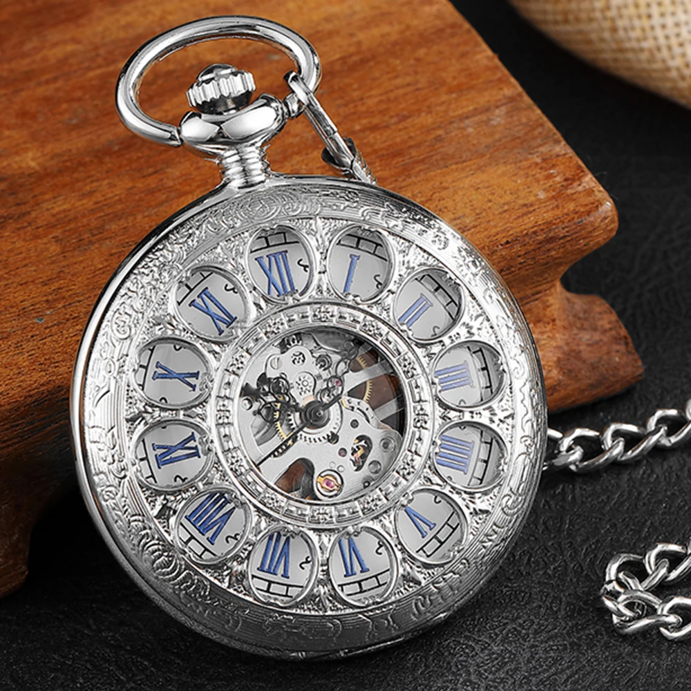 Roman Numeral Mechanical Pocket Watch Engrave Carving Sliver Case Steampunk Skeleton Fob Chain Clock Men
