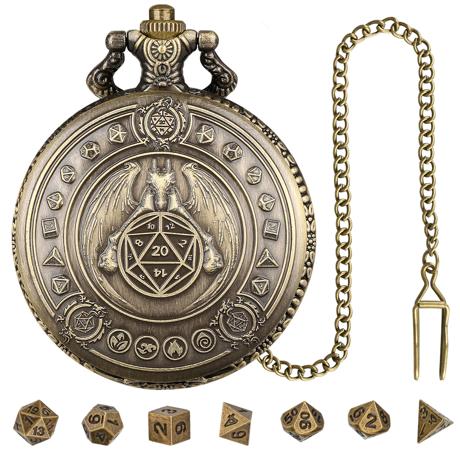 Dragon-Themed Retro Pocket Watch Case with 7-Piece Metal Polyhedral Dice Set