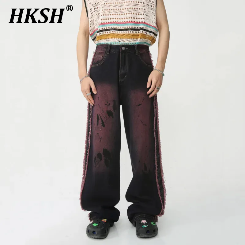 HKSH Men's Streetwear Spring Summer New Casual Tide Jeans Ragged Edge Loose Drag Tie Dyed Denim Pants High Street Vintage HK0183