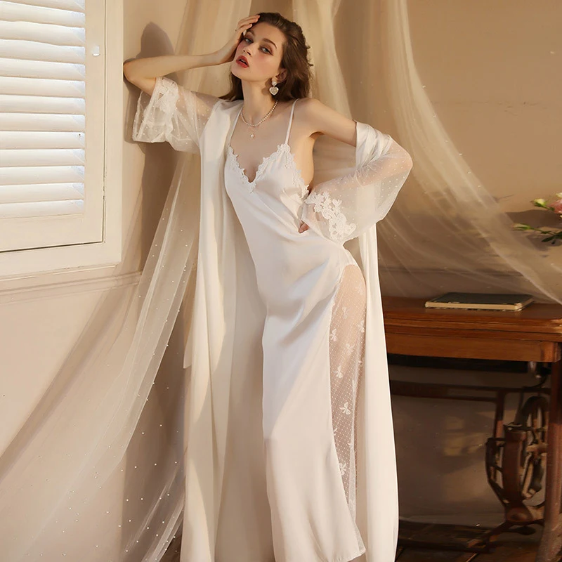 

New Autumn And Winter Home Clothes Thin Sexy Plus Long Bathrobe Pajamas Women's Long-sleeved Satin Nightgown