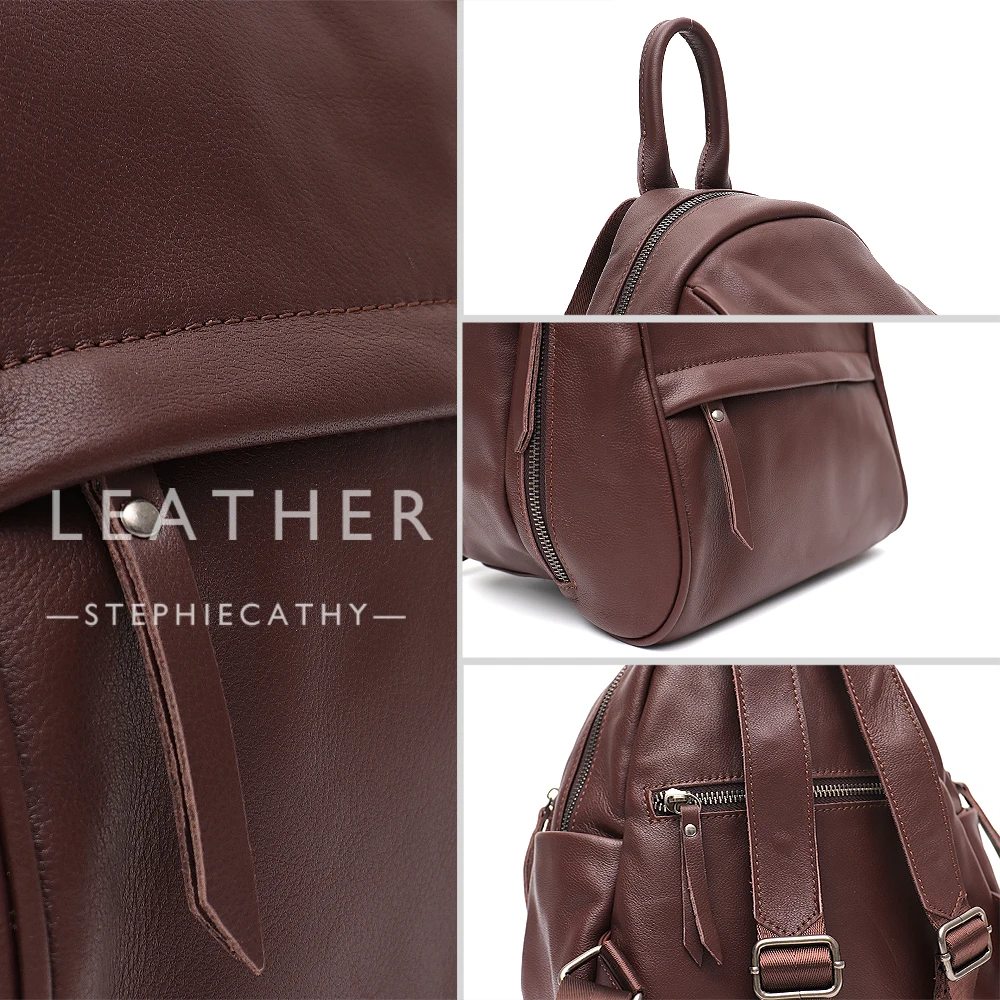 SC Luxury Quality Genuine Cow Leather Women Backpack Retro Casual Solid Color Shoulder Bags Satchel Simple Daily Travel Day Pack 5