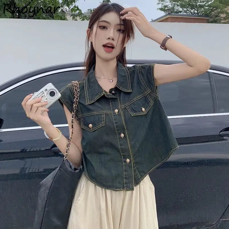 

Solid Shirts Women Summer Cool Girls Retro Turn-down Collar Designed Short Flying Sleeve Tops Fake Pockets Irregular Causal Chic